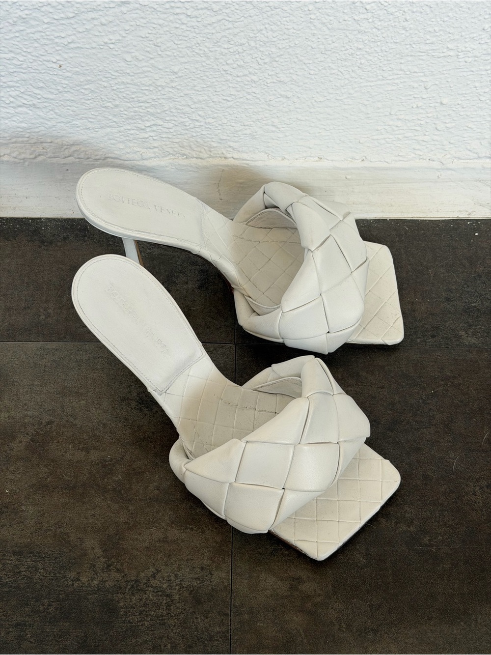 Bottega Veneta White Woven Square-Toe Heeled Mules